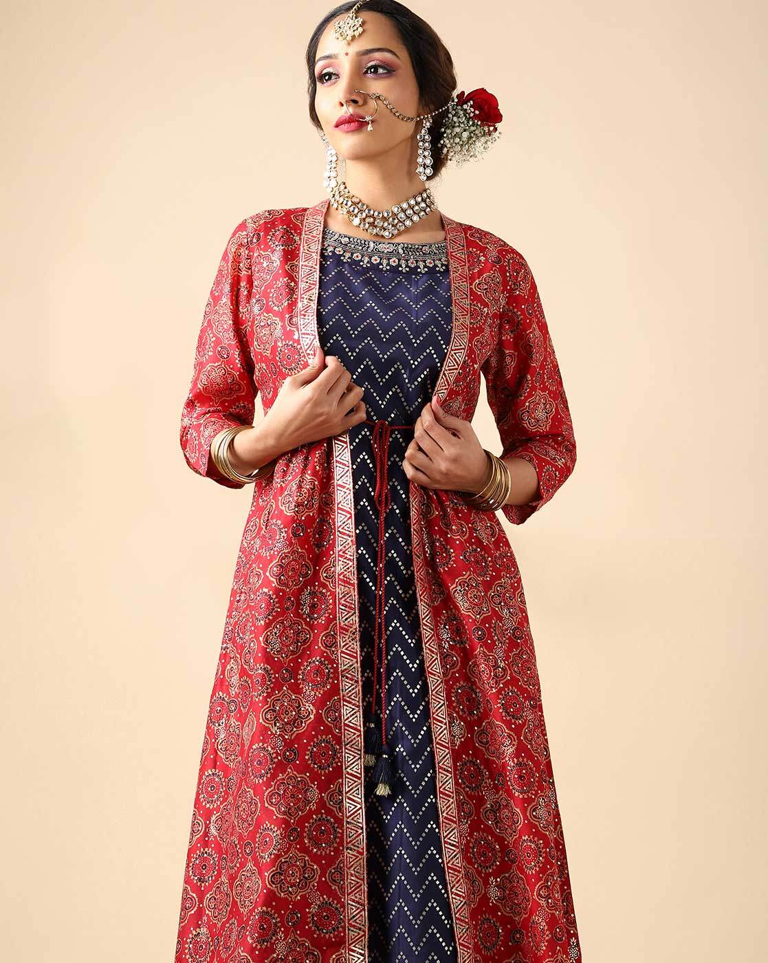 AVAASA SET Ajrakh Print Straight Dress with Shrug