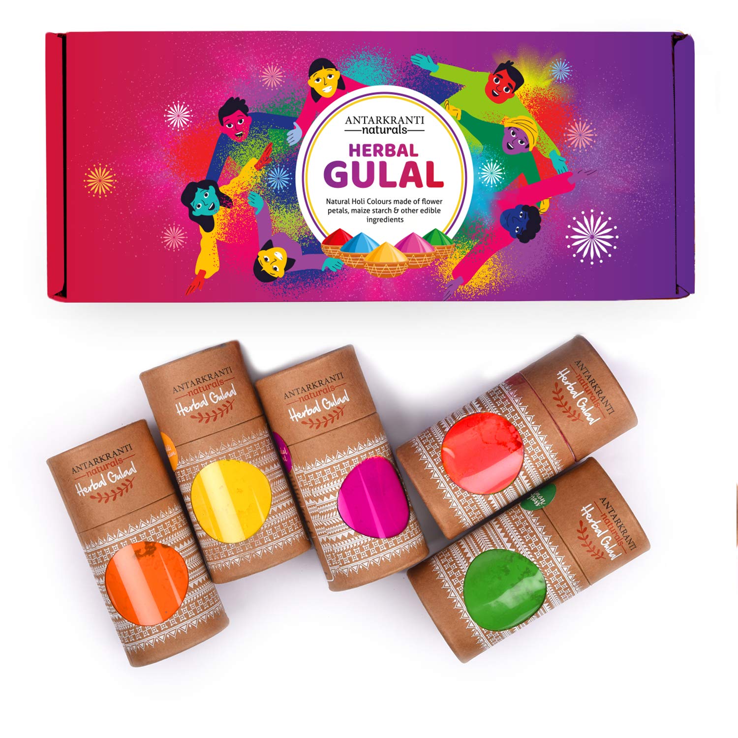 Antarkranti Natural Holi Gulal Colour - Orange, Yellow, Red, Green and Blue Tesu Flower, Rose Petals, Marigold, Sandalwood, Maize Starch, Food Colour - Pack of 5 (100gm x 5)