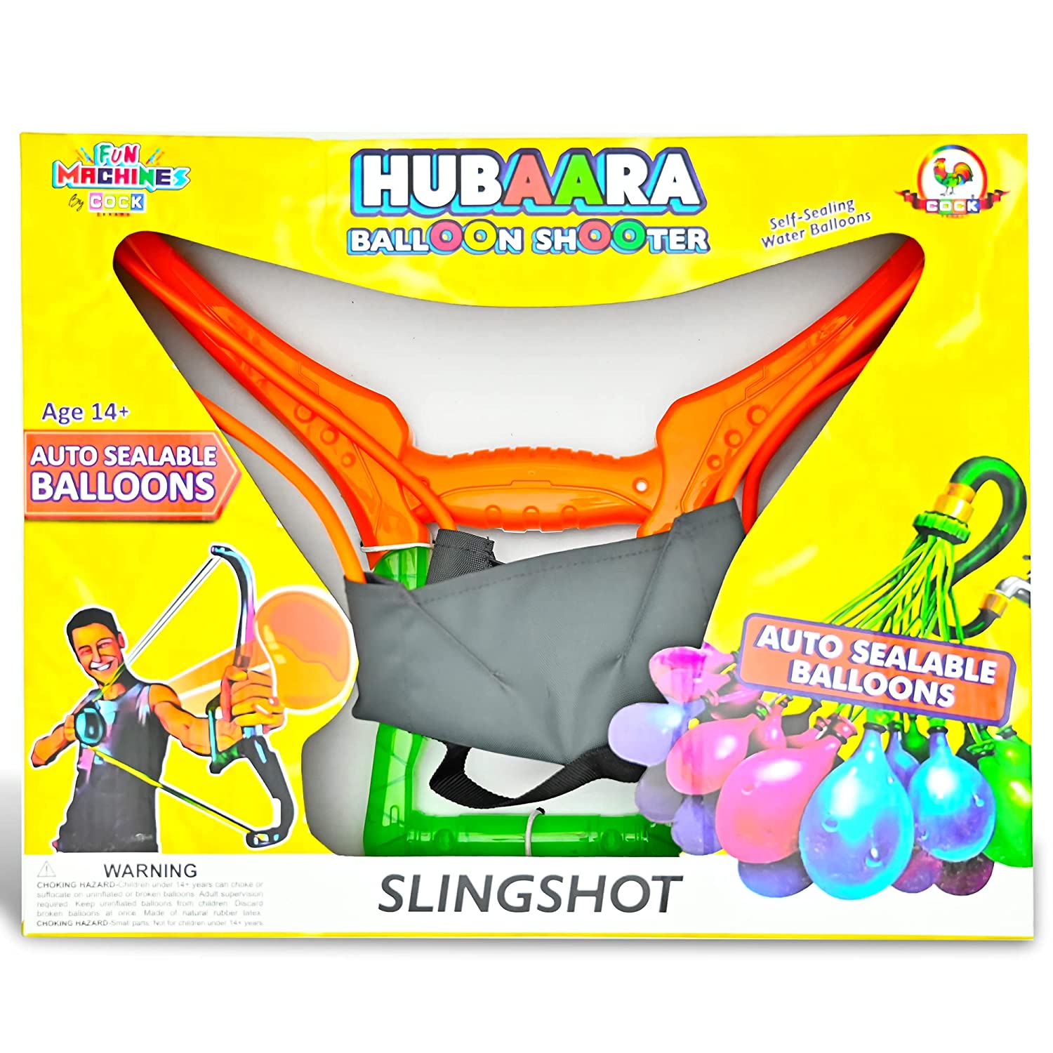 COCK BRAND Fun Machines Hubaara Balloon Shooter | Self Sealing Water Balloons (1 Slingshot and 1 Bunch (30+ Balloons) of Auto Sealable Balloons)