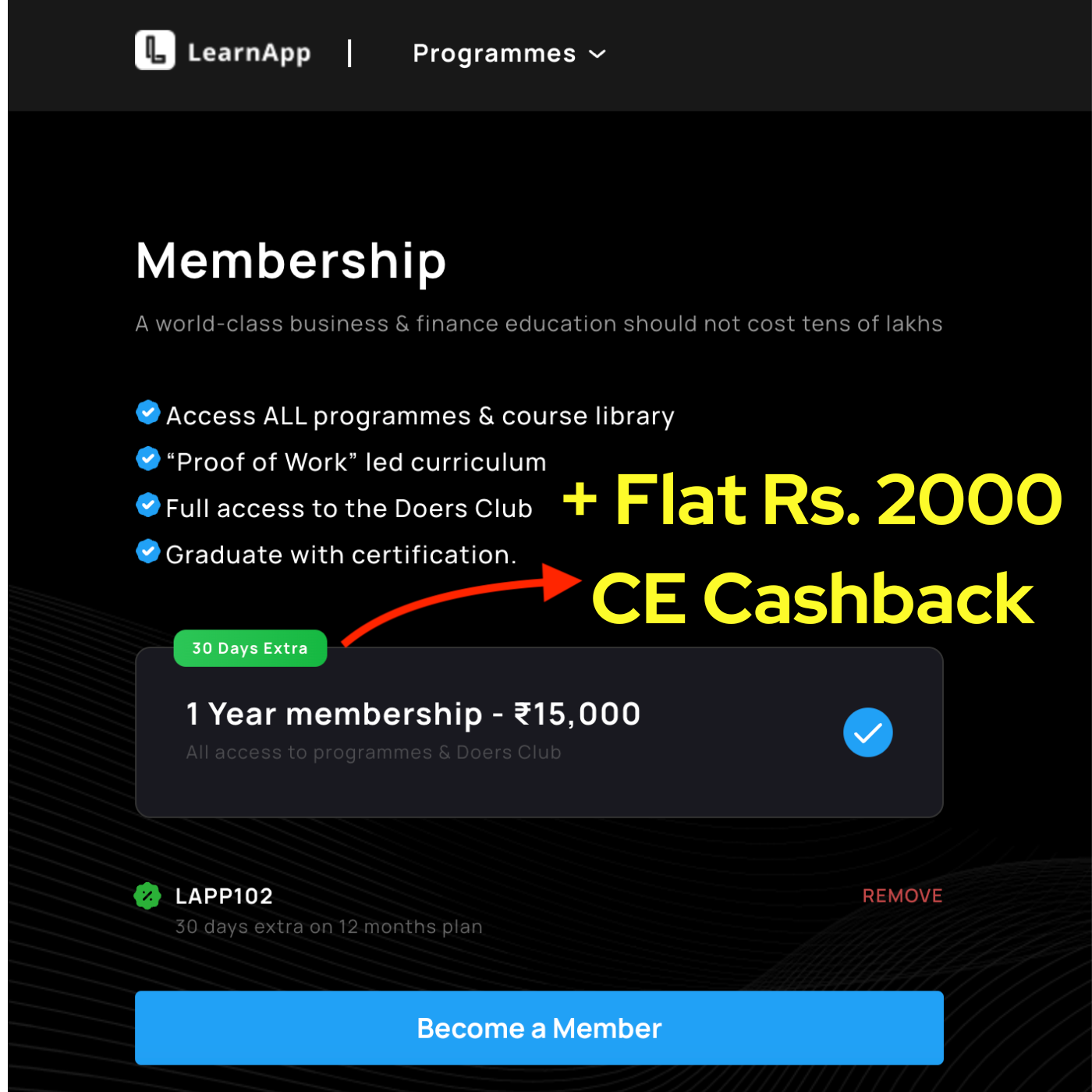 Get 30 days Extra + Flat Rs. 2000 Cashback on LearnApp Courses