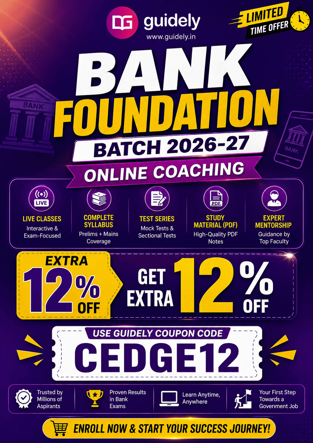 Get Extra 12% OFF on Guidely Bank Foundation Batch 2026-27 Online Coaching