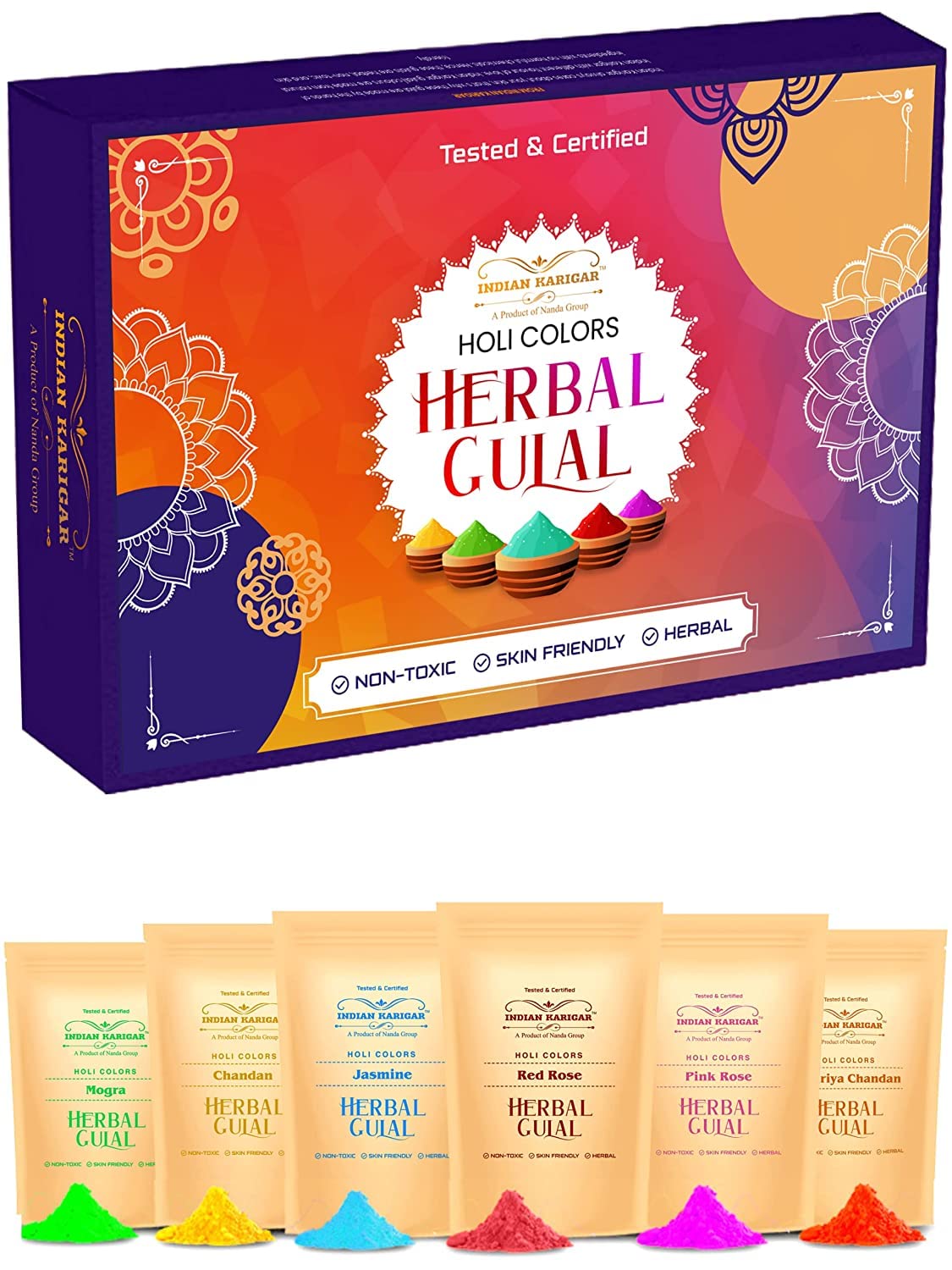 Indian Karigar Starch Holi Gulal for Holi Colour 480g 6 Flavor × 80g Herbal Gulal Organic Holi Colours for Family Non Toxic Holi Color Organic Skin Safe Holi Colors Holi Gifts Pack of 6 Multicolor