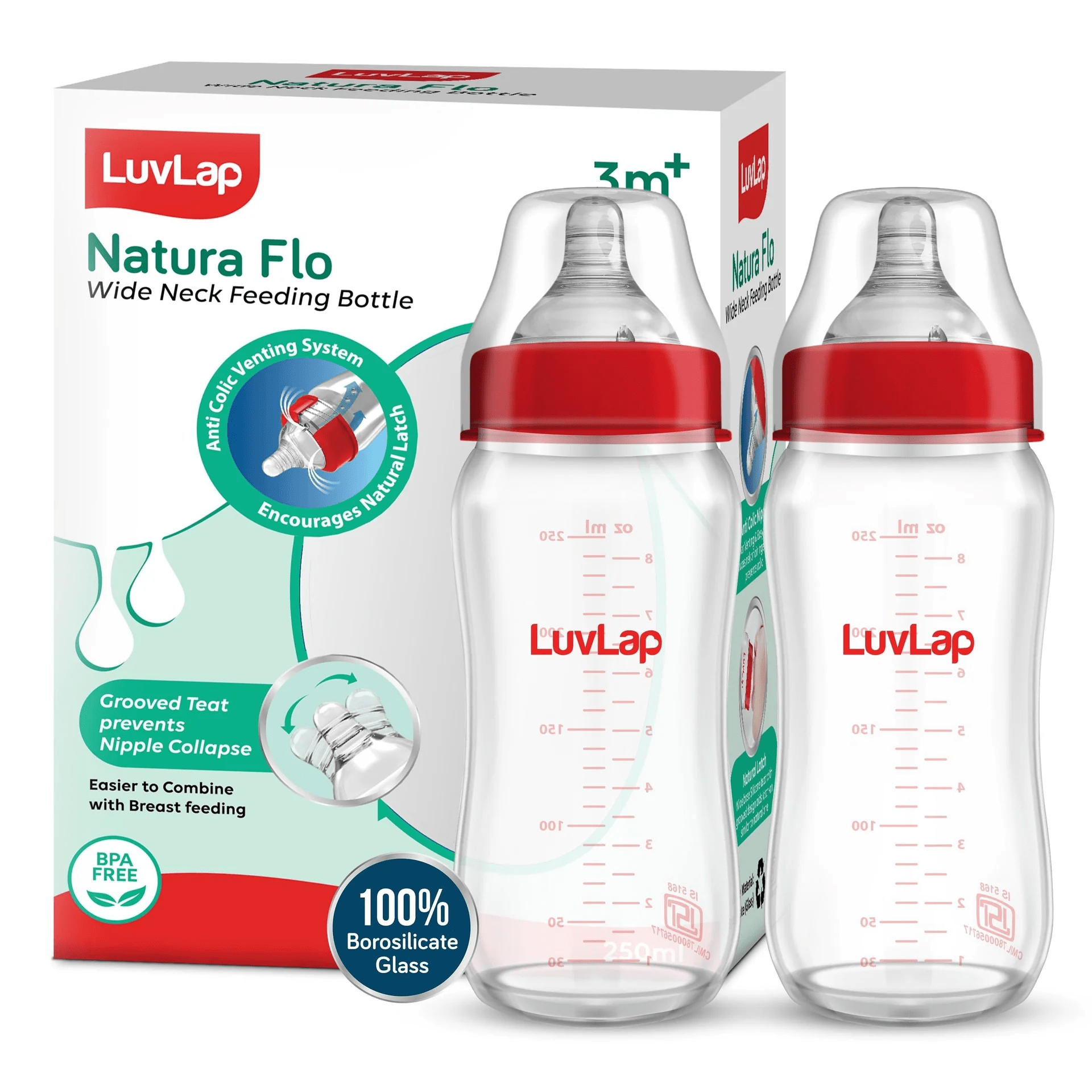 Luvlap Natura Flo Wide Neck Glass Feeding Bottle, Pack of 2, 250ml