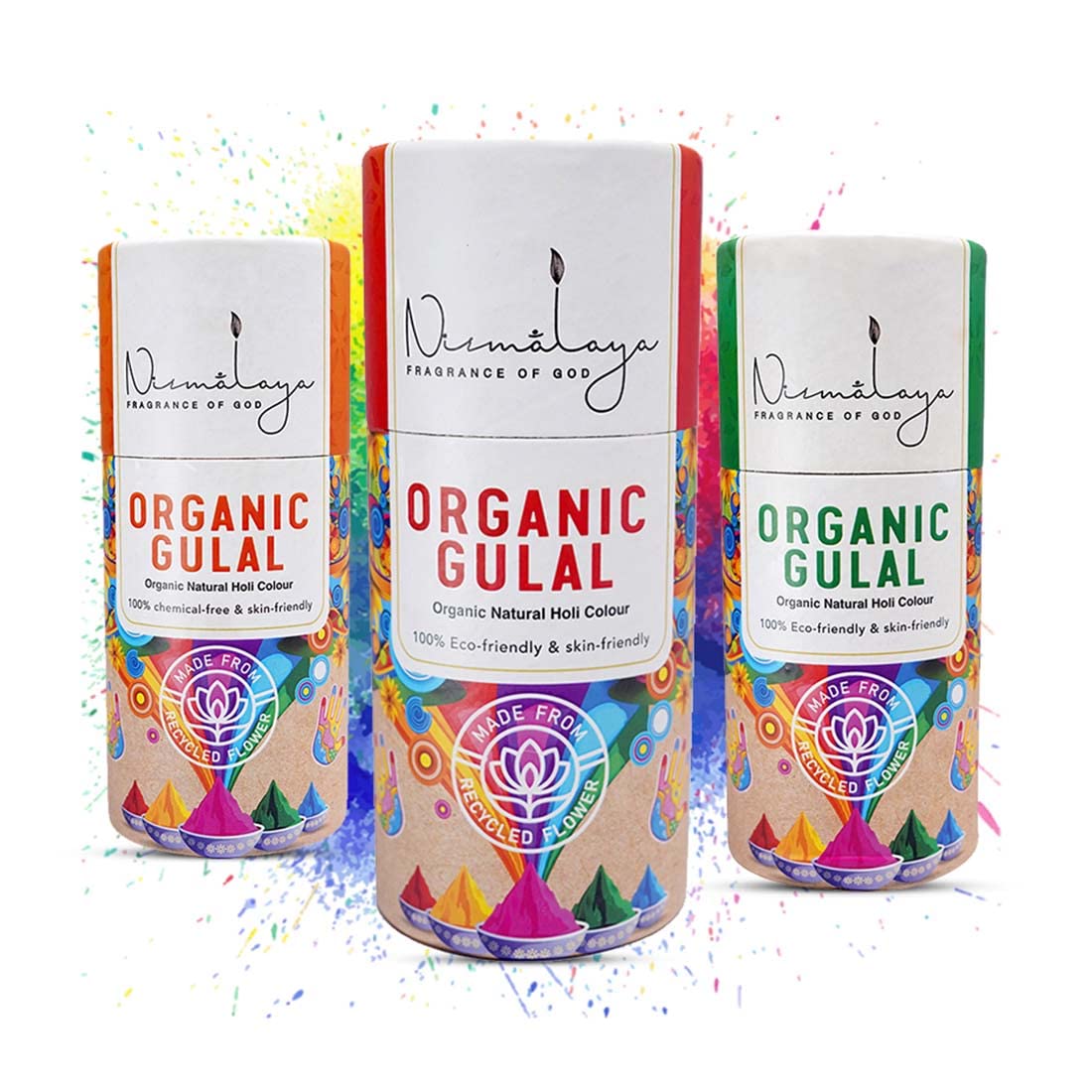 Nirmalaya Holi Organic Gulal Colour (Pack of 3) Orange, Red, Green (100gm x 3) | 100% Natural and Skin-Friendly Herbal Gulal | Handmade and Non-Toxic. (Orange, Red, Green)