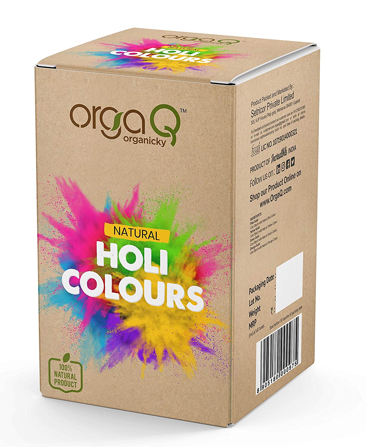 OrgaQ Organicky Natural Holi Colours | Best Holi Color | Herbal Gulal | Non -Toxic – 400 Grams (100G * 4 Packet) Pink, Yellow, Green, Orange