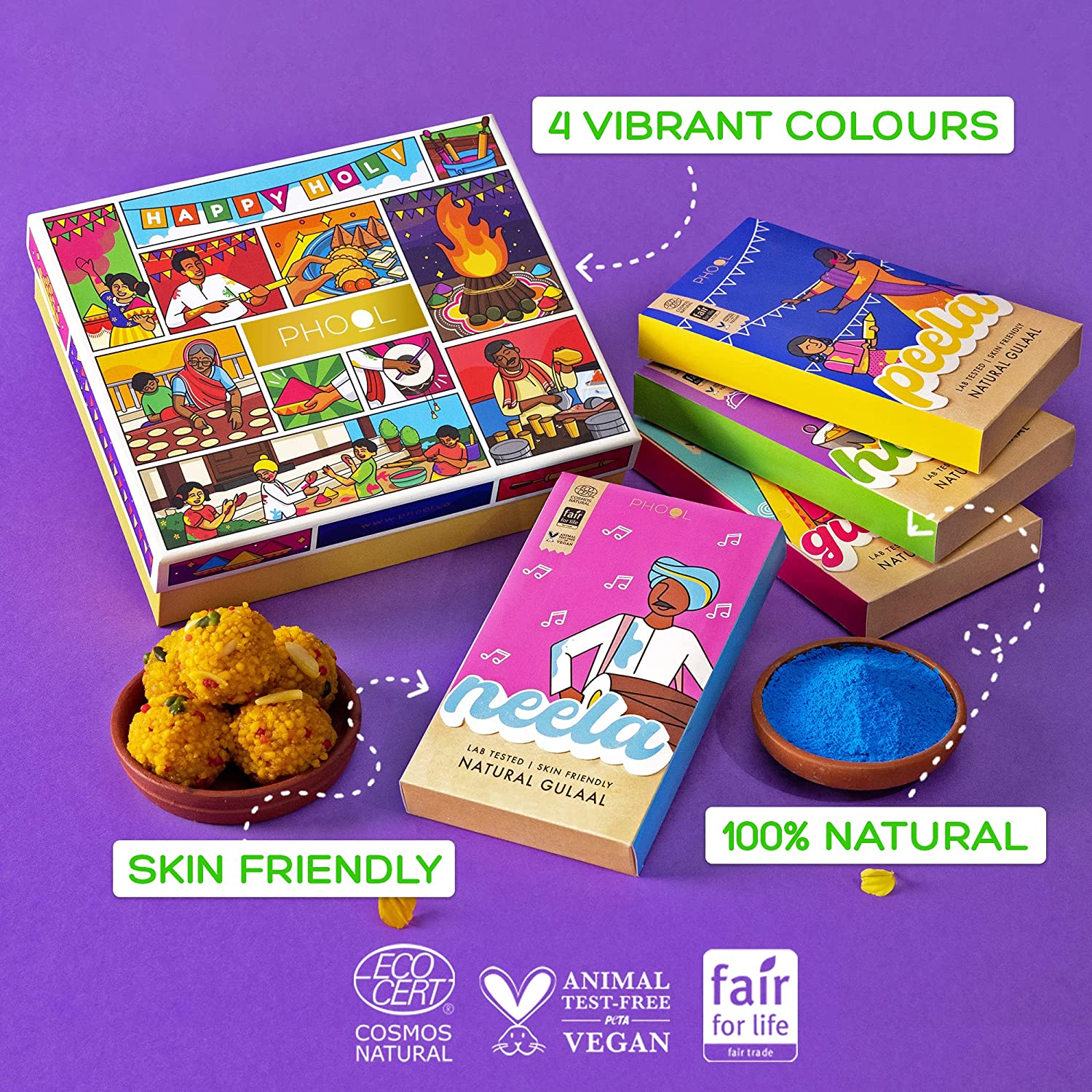 Phool Holi Gulal Box I Pack of 4 Holi colours I 400 gms Gulal colours of Pink, Green, Blue, Yellow I Natural I Handmade I Skin Friendly and Certified Holi colour I Easy to Remove from Skin I QT- (400 gms colour)