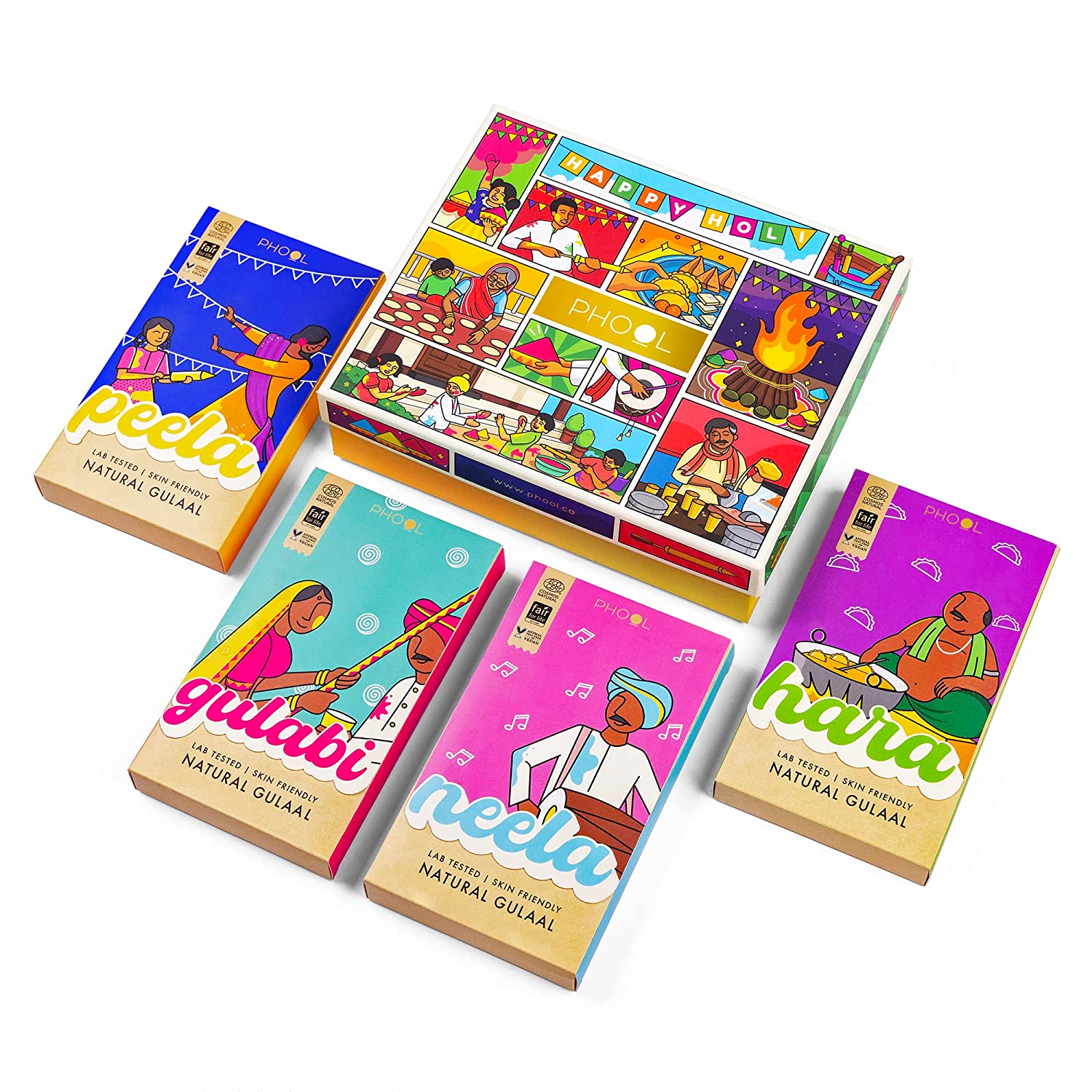 Phool Holi Gulal Box I Pack of 4 Holi colours I 400 gms Gulal colours of Pink, Green, Blue, Yellow I Natural I Handmade I Skin Friendly and Certified Holi colour I Easy to Remove from Skin I QT- (400 gms colour)