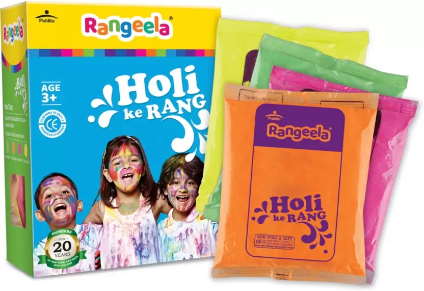 Pidilite Rangeela Holi Ke Rang - Non-Toxic, Soft, Smooth, Washable Holi Color Powder Pack of 3 (Pink, Yellow, Green, Orange, 240 g)