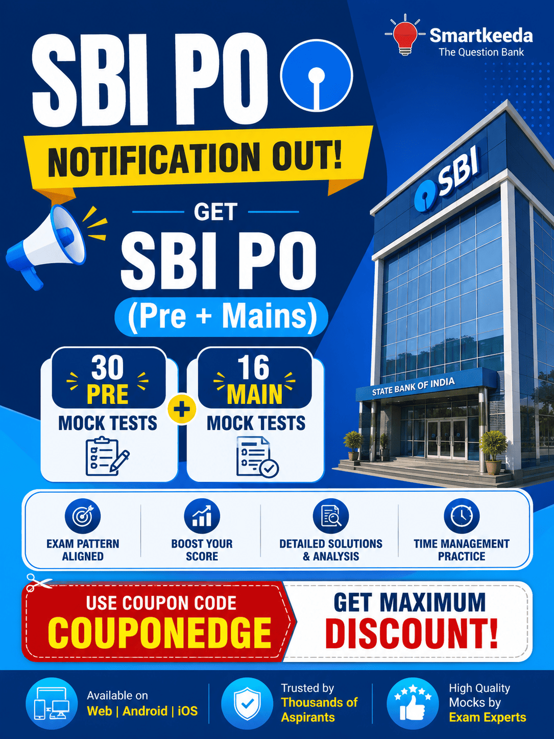 Best SBI PO Mock Test Series 2026 – 30 Prelims + 16 Mains Tests - Smartkeeda Coupon Code COUPONEDGE