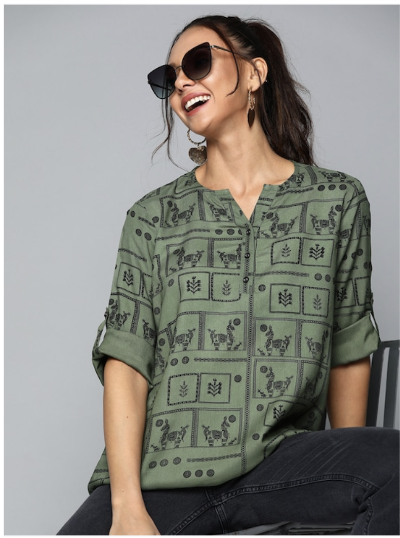 HERE&NOW Women Olive Green & Black Print Mandarin Collar Roll-Up Sleeves Top